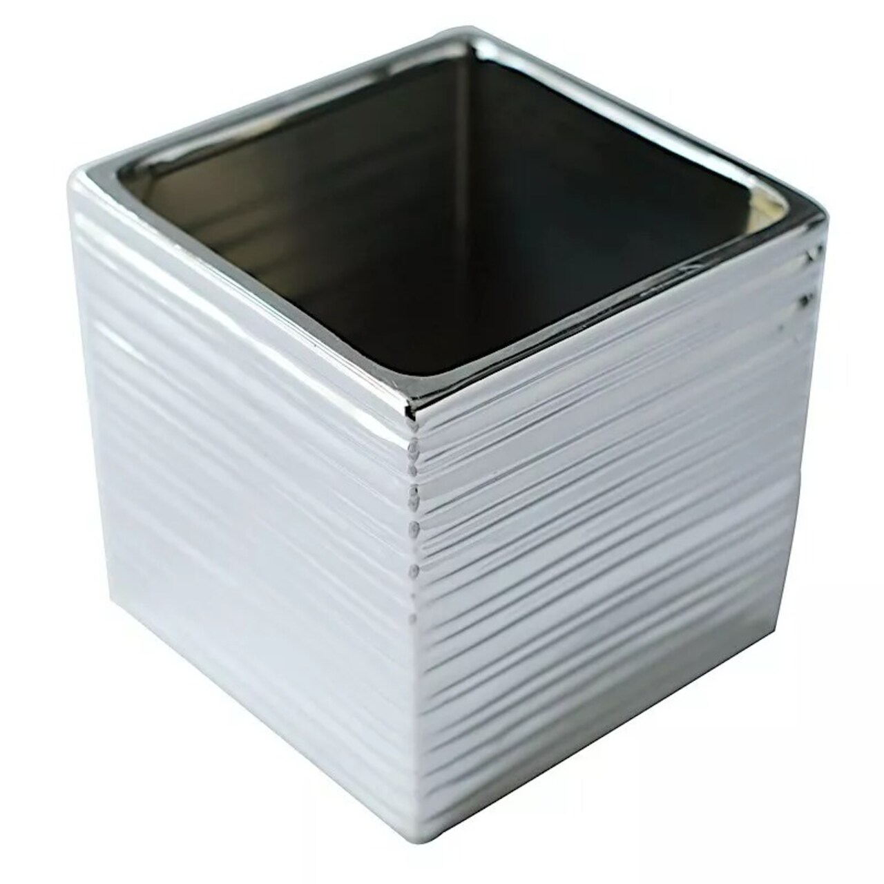 SILVER 2 Square 5" Metallic Ceramic Cube Planter Boxes Flower PLANT POTS